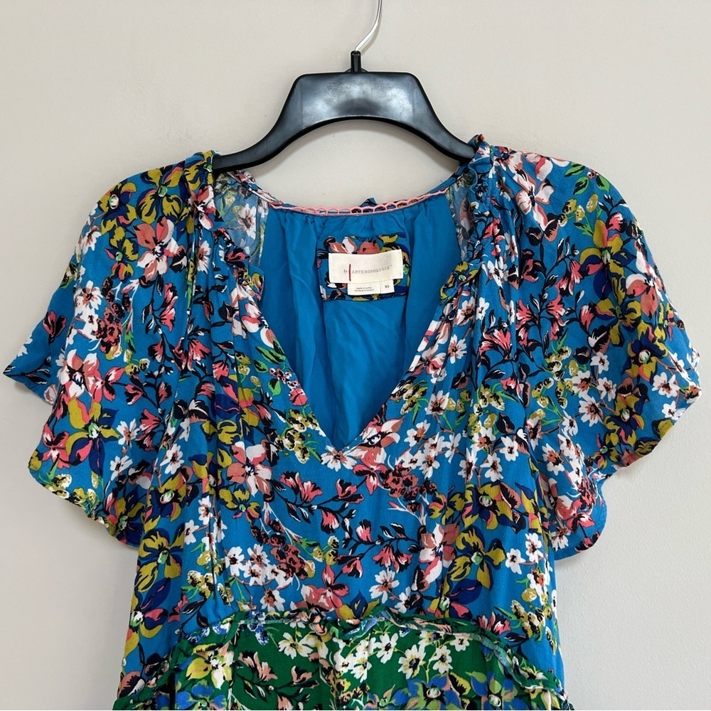 Anthropologie Robin Blue and Green Tiered Floral Mini Dress, size XS - Picture 8 of 8